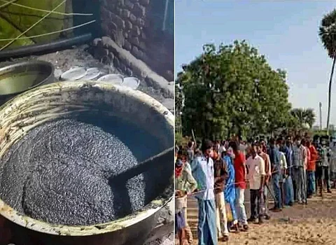 தயாரிக்கப்படும் ஆனந்தய்யா ஆயுர்வேத மருந்து மற்றும் அதை பெற காத்திருக்கும் மக்கள்.