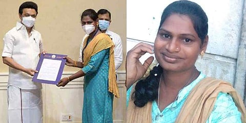 சட்டம் ஒழுங்கு பிரிவில் காவல் துணை ஆய்வாளராக (எஸ்ஐ) நியமிக்கப்பட்டுள்ள சிவன்யாவுக்கு பணி நியமனை ஆணையை வழங்கும் முதல்வர் மு.க..ஸ்டாலின்.
