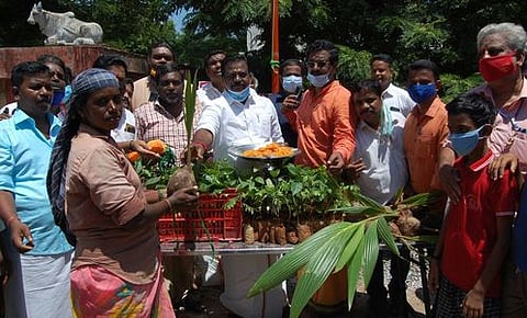 விழாவில் பெண்ணுக்குத் தென்னங்கன்று வழங்குகிறாா் பாஜக மாநிலத் துணைத் தலைவா் கருப்பு எம். முருகானந்தம்.