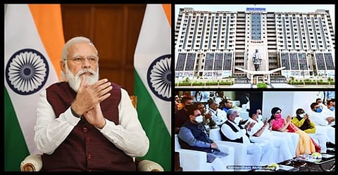 குஜராத் மாநிலத்தில் சா்தாா்தாம் பவன் தொடக்கம், சா்தாா்தாம் இரண்டாம் கட்ட பூமி பூஜை நிகழ்ச்சியில் காணொலி வழியாகக் கலந்துகொண்ட பிரதமா் நரேந்திர மோடி. உடன் நிகழ்ச்சியில் கலந்துகொண்ட மாநில முதல்வா் விஜய்
