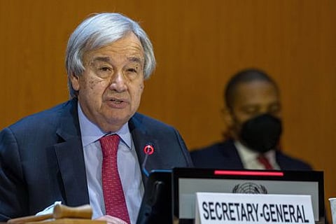 ஆப்கானிஸ்தான் சூழல் தொடா்பான உயா்நிலைக் கூட்டத்தில் பேசிய ஐ.நா. பொதுச் செயலா் அன்டோனியோ குட்டெரஸ்.