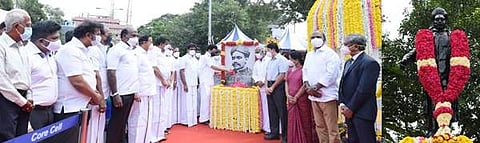வ.உ.சிதம்பரனாரின் 150 ஆவது பிறந்த நாளையொட்டி, அவரது திருவுருவப்படத்திற்கு மலர்தூவி மரியாதை செலுத்தினார் முதல்வர் மு.க.ஸ்டாலின்.