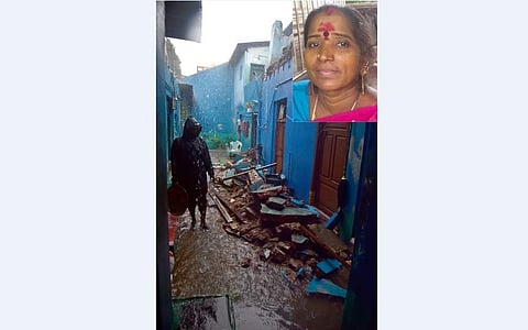 சென்னை புளியந்தோப்பில் பால்கனி இடிந்து விழுந்ததில் உருக்குலைந்த வீடு. (உள்படம்) இறந்த சாந்தி.