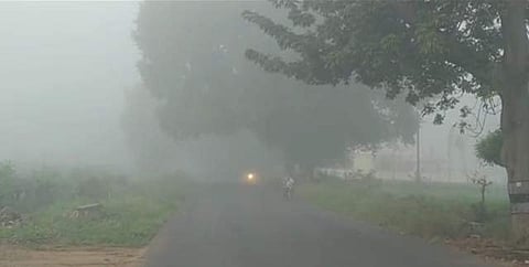 மூடுபனியால் முகப்பு விளக்கை எரியவிட்டபடி வரும் வாகனம்