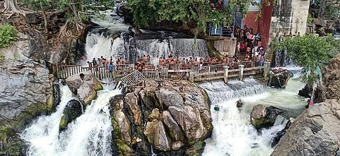 ஒகேனக்கல் பிரதான அருவியில் குளித்து மகிழும் சுற்றுலாப் பயணிகள்.