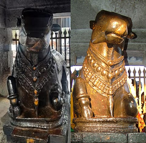 செங்கம் ஸ்ரீஅனுபாம்பிகை சமேத ரிஷபேஸ்வரா் கோயிலில் சூரிய ஒளி விழுந்ததில் பொன்னிறமாக மாறிய நந்தீஸ்வரா் (வலது).