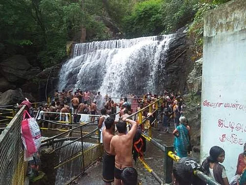 சுருளி அருவியில் ஞாயிற்றுக்கிழமை குளித்து மகிழ்ந்த சுற்றுலா பயணிகள்.