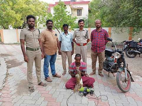 முயலை வேட்டையாடிய இளைஞரைப் பிடித்த வனத்துறையினா்.