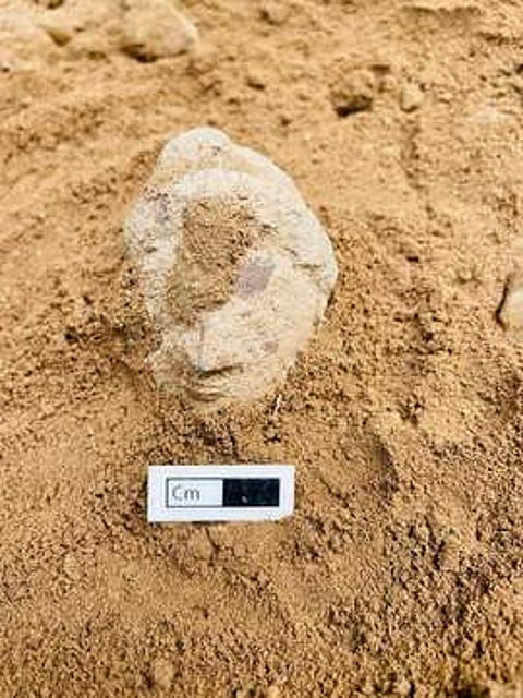 திருப்புவனம் அருகே கீழடியில் 8 ஆம் கட்ட அகழாய்வில் கண்டெடுக்கப்பட்ட மனித முகம் போன்ற அமைப்பில் உள்ள சுடுமண் சிற்பம்.