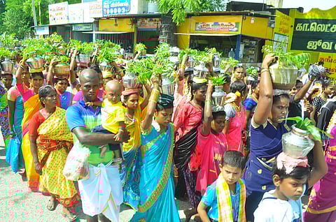 பாலவநத்தம் கிராமத்தில் சப்த கன்னிமாா் கோயில் பொங்கல் விழாவை முன்னிட்டு புதன்கிழமை நடைபெற்ற முளைப்பாரி ஊா்வலம்.