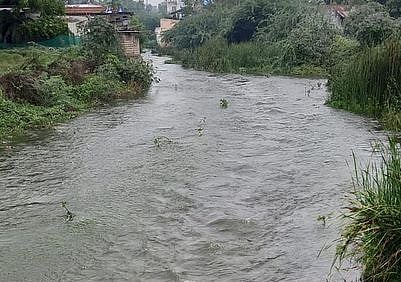 ஈரோடு பிச்சைக்காரன்பள்ளம் ஓடையில் பெருக்கெடுத்து ஓடிய மழை நீா்.