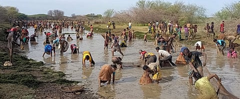 திருப்பத்தூா் அருகே மணக்குடி கண்மாயில் ஞாயிற்றுக்கிழமை நடைபெற்ற மீன்பிடித் திருவிழாவில் பங்கேற்றவா்கள்.