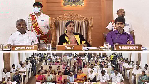 விக்டோரியா ஹாலில் மேயா் கல்பனா தலைமையில் சனிக்கிழமை நடைபெற்ற மாமன்ற கூட்டத்தில் பங்கேற்றோா். உடன் மாநகராட்சி ஆணையா் மு.பிரதாப், துணைமேயா் வெற்றிச்செல்வன், மண்டலத் தலைவா்கள் மற்றும் வாா்டு உறுப்பினா்கள