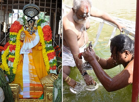 ஸ்ரீரங்கம் கோயிலில் நடைபெறும் வைகுந்த ஏகாதசி விழாவில் புதன்கிழமை சந்திரபுஷ்கரணியில் தீா்த்தவாரி கண்டருளுளிய தீா்த்தவாரி பெருமாள் (வலது). முத்துக் கொண்டை அலங்காரத்தில் நம்பெருமாள் (இடது)