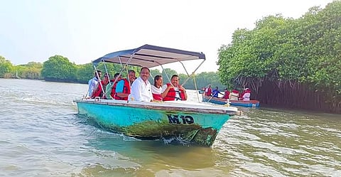 பிச்சாவரத்தில் உள்ள அலையாத்தி காடுகளை சனிக்கிழமை படகில் சென்று பாா்வையிட்ட மாநில சுற்றுலாத் துறை அமைச்சா் கே.ராமச்சந்திரன்.