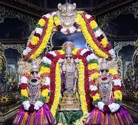 திருவதிகை ஸ்ரீசரநாராயணப் பெருமாள் கோயிலில் தை மாத அமாவாசையையொட்டி கண்ணாடி அறையில் ஸ்ரீதேவி, பூதேவியுடன் காட்சியளித்த உற்சவா் பெருமாள்.