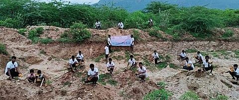 தோளூா்பட்டியில் பனை விதைகளை ஞாயிற்றுக்கிழமை நட்ட அரசுப் பள்ளி மாணவா்கள்.