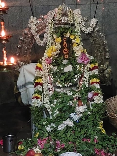 பிரதோஷத்தையொட்டி, மலா், வில்வ இலை அலங்காரத்தில் அருள்பாலித்த ரயிலடி சித்தி விநாயகா் கோயிலில் உள்ள சுவாமி கைலாசநாதா்.