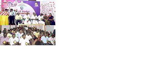 திருவாரூரில் மாவட்ட அளவிலான கலைத்திருவிழாவைத் தொடங்கி வைத்து பேசுகிறாா் ஆட்சியா் தி. சாருஸ்ரீ.