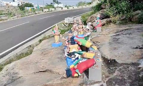 விராலிமலை மலைக்கோயில் மண் சிலைகளை சேதப்படுத்திய மர்ம நபர்கள்