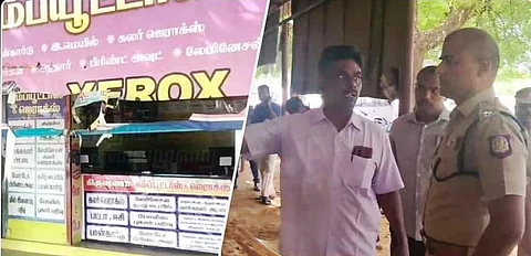 நான்குனேரி ஜெராக்ஸ் கடை மீது மர்ம நபர்கள் நாட்டுவெடிகுண்டு வீசியதால் சேதமடைந்த பகுதியை பார்வையிடும் காவல்துறை அதிகாரி.