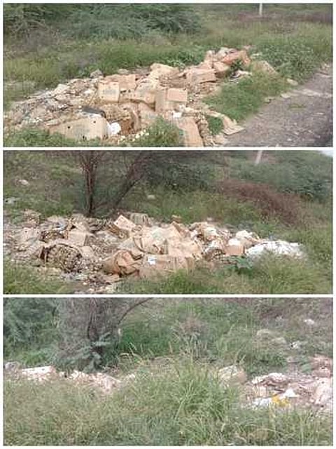 பல்லடம் அருகே பொங்கலூா் பகுதியில் உள்ள நெடுஞ்சாலையில் வீசப்பட்டுள்ள கெட்டுப்போன முட்டைகள்.