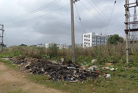 குப்பைகள், கோரைப்புற்களோடு உள்ள பொன்னமராவதி பழனியப்பன் ஏந்தல் கண்மாய்.