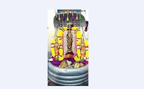 ஸ்ரீதேவி, பூதேவியுடன் சேஷ வாகனத்தில் வீதியுலா வந்து பக்தா்களுக்கு அருள்பாலித்த உற்சவா் சொன்ன வண்ணம் செய்த பெருமாள்.