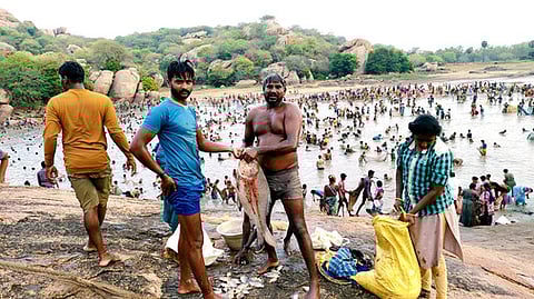 பூலாங்குறிச்சி மதகுக் கண்மாயில் திங்கள்கிழமை நடைபெற்ற மீன்பிடித் திருவிழாவில் மீன்களைப் பிடித்த கிராம மக்கள்.