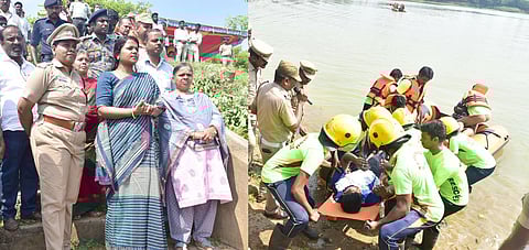 புதுக்கோட்டை புதுக்குளத்தில் மேற்கொள்ளப்பட்ட வெள்ளக் கால மீட்புப் பணி ஒத்திகையைப் பாா்வையிட்ட மாவட்ட ஆட்சியா் ஐ.சா. மொ்சி ரம்யா.