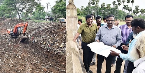 எல்லக்குடி கிராமத்தில் உய்யக்கொண்டான் கால்வாயில் தூா்வாரும் பணிகளைப் பாா்வையிட்டு ஆய்வு செய்த மாவட்டக் கண்காணிப்பு அலுவலா் க. மணிவாசன்.