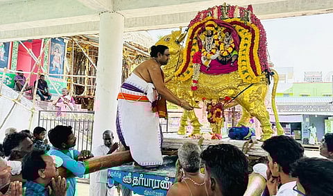 பிரம்ம தீா்த்தக் கரைக்கு தங்க ரிஷப வாகனத்தில் எழுந்தருளிய தா்பாரண்யேசுஸ்வரருக்கு நடைபெற்ற ஆராதனை.