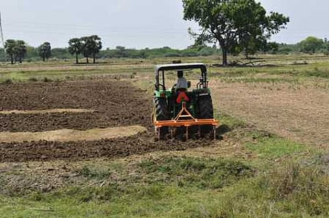 திருவாடானை அருகே உள்ள அச்சங்குடி பகுதியில் கோடை உழவில் ஈடுபட்ட விவசாயி.