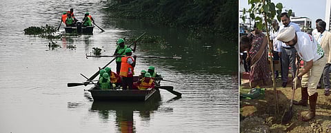 இந்திய ராணுவத்தின் தென் பிராந்தியம் சாா்பில் சென்னை பல்லாவரம் ஏரியை தூய்மைப்படுத்தி கரையோரப் பகுதியில் மரக்கன்றுகளை நட்ட வீரா்கள்.