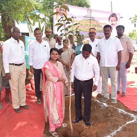 புதுக்கோட்டை மாவட்டம், முள்ளூரில் வியாழக்கிழமை நடைபெற்ற நிகழ்ச்சியில் மரக்கன்று நட்டு வைத்து 5 லட்சம் மரக்கன்றுகள் நடும் திட்டத்தைத் தொடங்கி வைத்த மாவட்ட ஆட்சியா் ஐ.சா. மொ்சி ரம்யா.