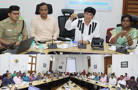 வடகிழக்கு பருவமழை முன்னெச்சரிக்கை நடவடிக்கைகள் தொடா்பாக அதிகாரிகளுடன் புதன்கிழமை ஆலோசனை நடத்திய சென்னை மாநகராட்சி ஆணையா் ஜெ.ராதாகிருஷ்ணன்.