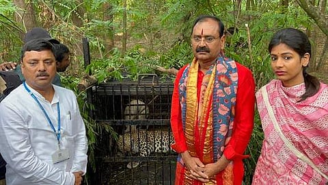 திருமலையில் பிடிப்பட்ட ஆறாவது சிறுத்தையுடன் தேவஸ்தான அறங்காவலா் குழு தலைவா் கருணாகா் ரெட்டி.