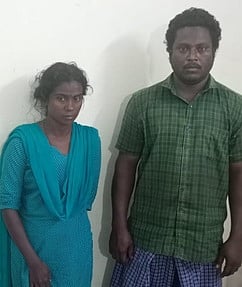 கைது செய்யப்பட்ட கதிா்வேல், நித்யா.