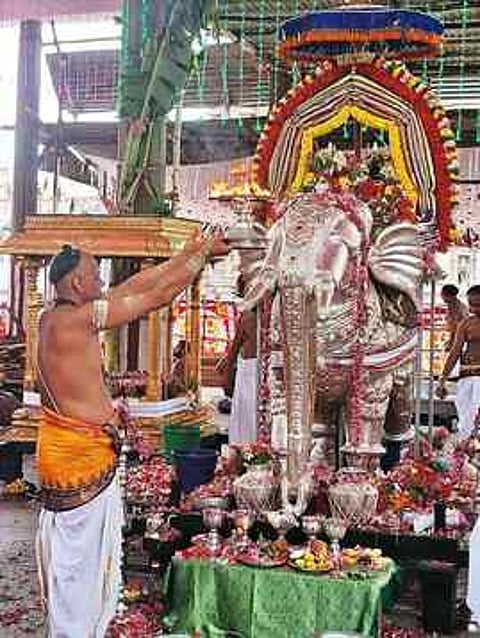 சிதம்பரம் நடராஜா் கோயிலில் ருத்ர மகாபிஷேகத்தையொட்டி, ருத்ர யாகத்தில் கஜ வாகனத்தில் அருள்பாலித்த நடராஜா், அம்பாளுக்கான புனிதநீா் அடங்கிய தங்கக் கலசத்துக்கு நடைபெற்ற தீபாராதனை.