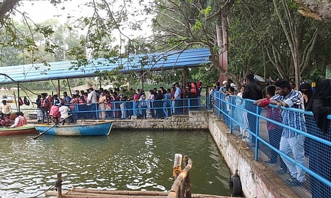 படகு சவாரிக்காக நீண்ட வரிசையில் காத்திருந்த சுற்றுலாப் பயணிகள்.