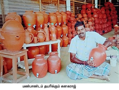 மண்பாண்டங்கள் தயாரிப்பு பணியில் ஈடுபட்டுள்ள கனகராஜ்.