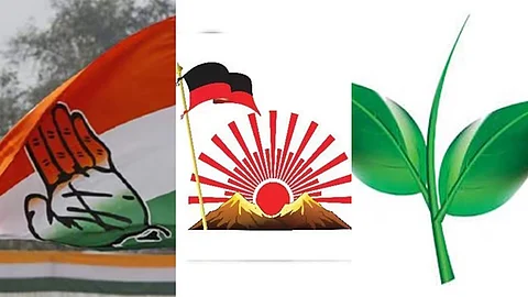 கை சின்னம் (காங்கிரஸ்), உதய சூரியன் (திமுக), இரட்டை இலை (அதிமுக)   