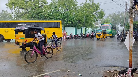 மழையில் நனைந்தபடி   மிதிவண்டியில் பள்ளி செல்லும் மாணவர்கள்.