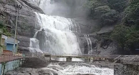 தொடர்மழை எதிரொலியாக  குற்றாலம் அருவிகளில் ஏற்பட்டுள்ள வெள்ளப்பெருக்கு