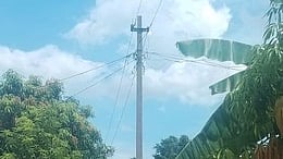 தா. பழூரை அடுத்த சோழமாதேவி அமிா்தராயன்கோட்டை காலனித் தெருவில் சாலையின் நடுவே இருக்கும் மின் கம்பம். 