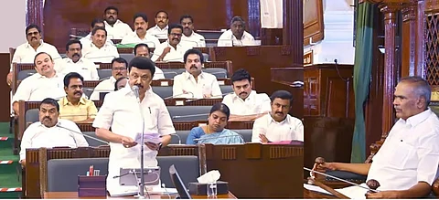 சட்டப்பேரவையில் 110 விதியின் கீழ் முக்கிய அறிவிப்புகளை வெளிட்டு பேசிய முதல்வர்  மு.க.ஸ்டாலின்.