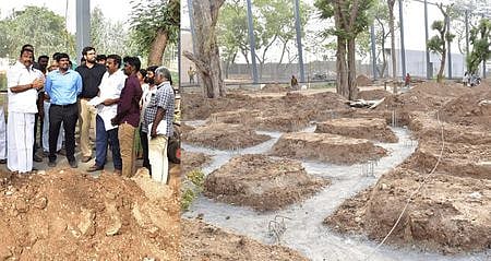 திருச்சியில் பறவைகள் பூங்கா அமைக்கும் பணிகளை செவ்வாய்க்கிழமை பாா்வையிட்டு ஆய்வு செய்த அமைச்சா் கே.என். நேரு. உடன், ஆட்சியா் மா. பிரதீப்குமாா், மாநகராட்சி ஆணையா் வே. சரவணன் உள்ளிட்ட அதிகாரிகள். 