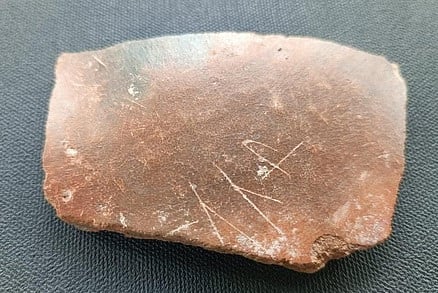  கிருஷ்ணகிரி மாவட்டம், சென்னானூரில் நடைபெறும் அகழாய்வில் கண்டெடுக்கப்பட்ட தமிழி எழுத்துகள் பொறிக்கப்பட்ட பானை ஓடு. 