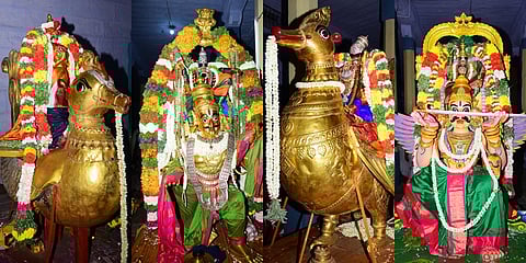  ஸ்ரீவில்லிபுத்தூா் ஆண்டாள் கோயிலில் சனிக்கிழமை இரவு ஐந்து கருட சேவையில் பக்தா்களுக்கு அருள்பாலித்த பெரியாழ்வாா், ரெங்கமன்னாா், ஆண்டாள், பெரியபெருமாள், சீனிவாசப் பெருமாள், சுந்தரராஜப் பெருமாள், திருத்தங்கல் அப்பன்.
