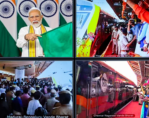 மீரட் - லக்னோ, மதுரை - பெங்களூரு மற்றும் சென்னை எழும்பூர் - நாகர்கோவில் இடையேயான மூன்று வந்தே பாரத் ரயில்களை பிரதமர் நரேந்திர மோடி இன்று (ஆகஸ்ட் 31, 2024) காணொலி காட்சி மூலம் கொடியசைத்து தொடங்கி வைத்தார்.
